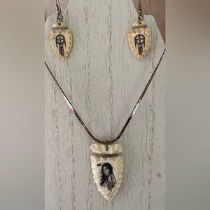 Native American Scrimshaw Pendant and Earring Set